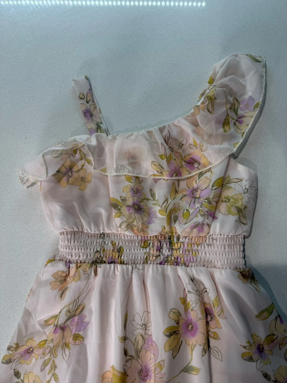 Girls' Pink Floral One-Shoulder Dress